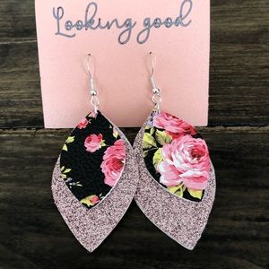 Glitter and Floral Faux Leather Earrings